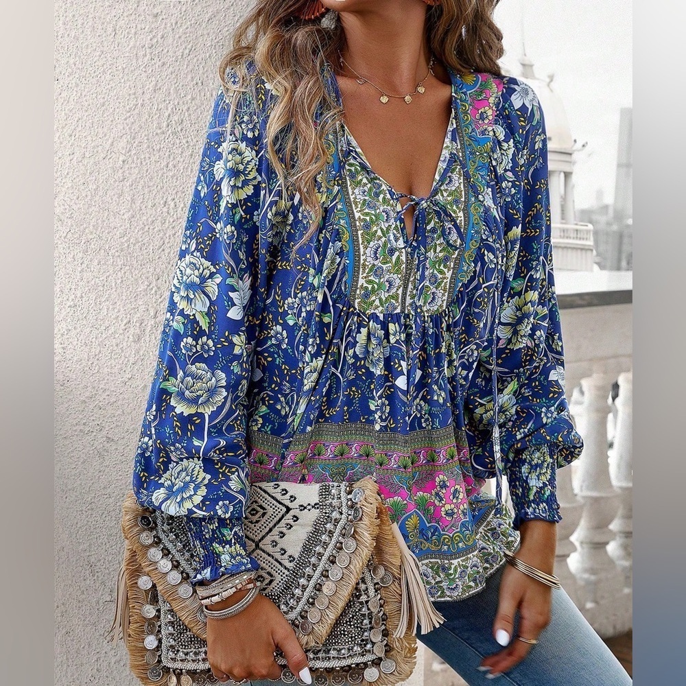 Boho Floral Print Tie Neck Lantern Sleeve Blouse